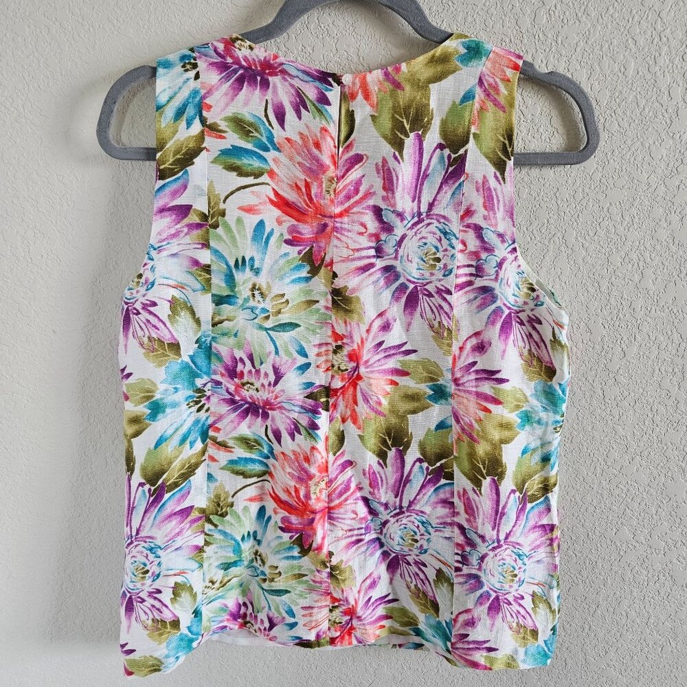 Loft Woman SZ S Linen Blend Blouse Sleeveless Keyhole Back Lined Floral Colorful - Picture 2 of 7